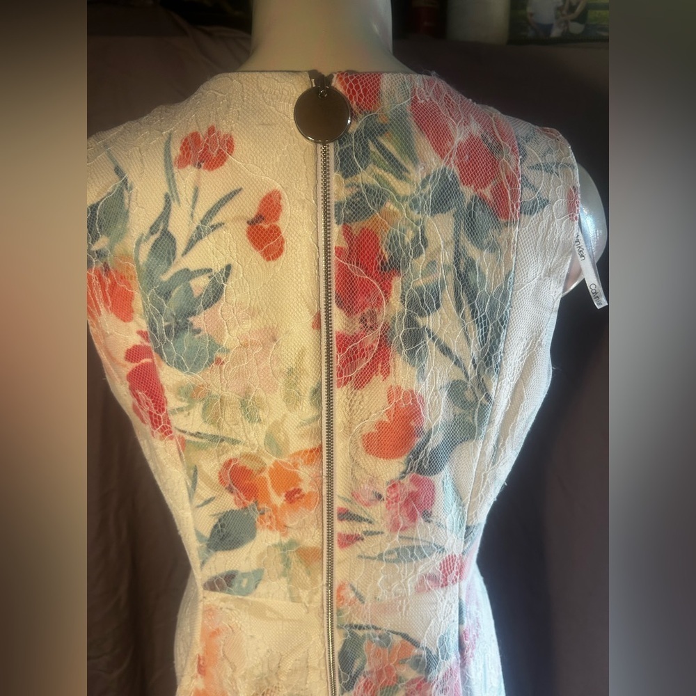 Calvin Klein Floral Midi Dress - Cream, Orange, Blue - Picture 5 of 12